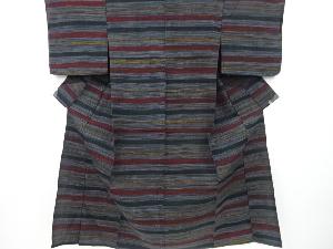 アンティーク　横段織り出し手織り紬単衣着物